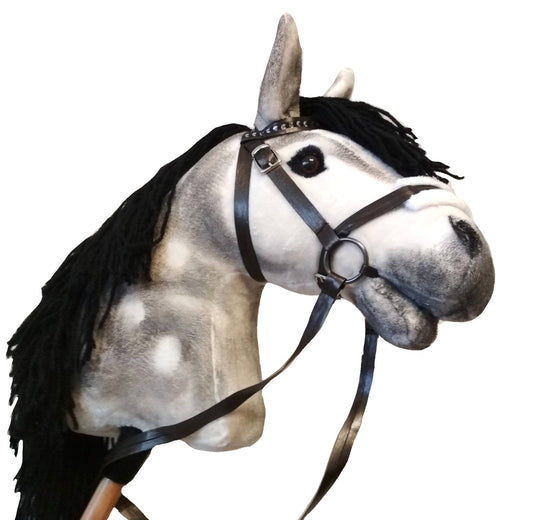 Dapple appaloosa hobby horse on a stick with black mane, bridle and realistic brown eyes. Handmade hobbyhorse for kids from 4 years.